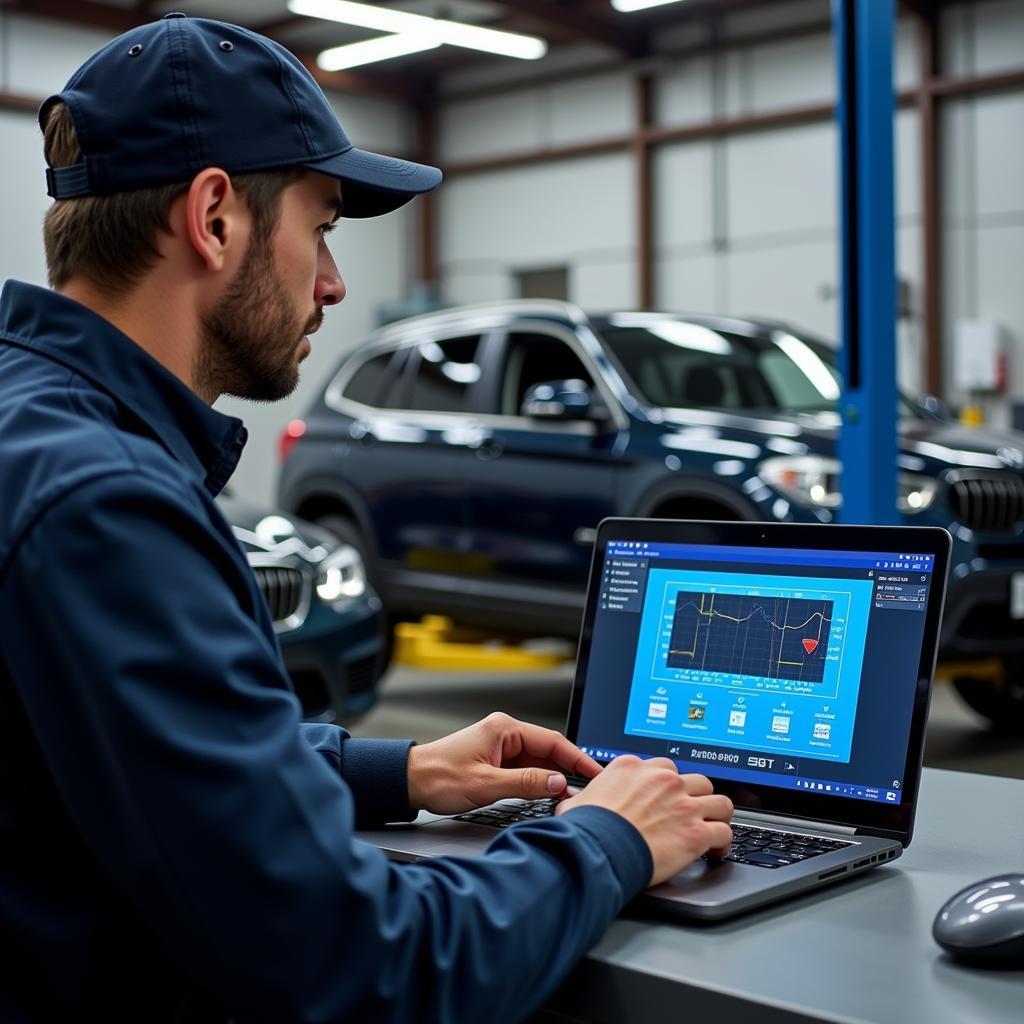 Mechanic using a laptop for remote car diagnostics in a repair shop