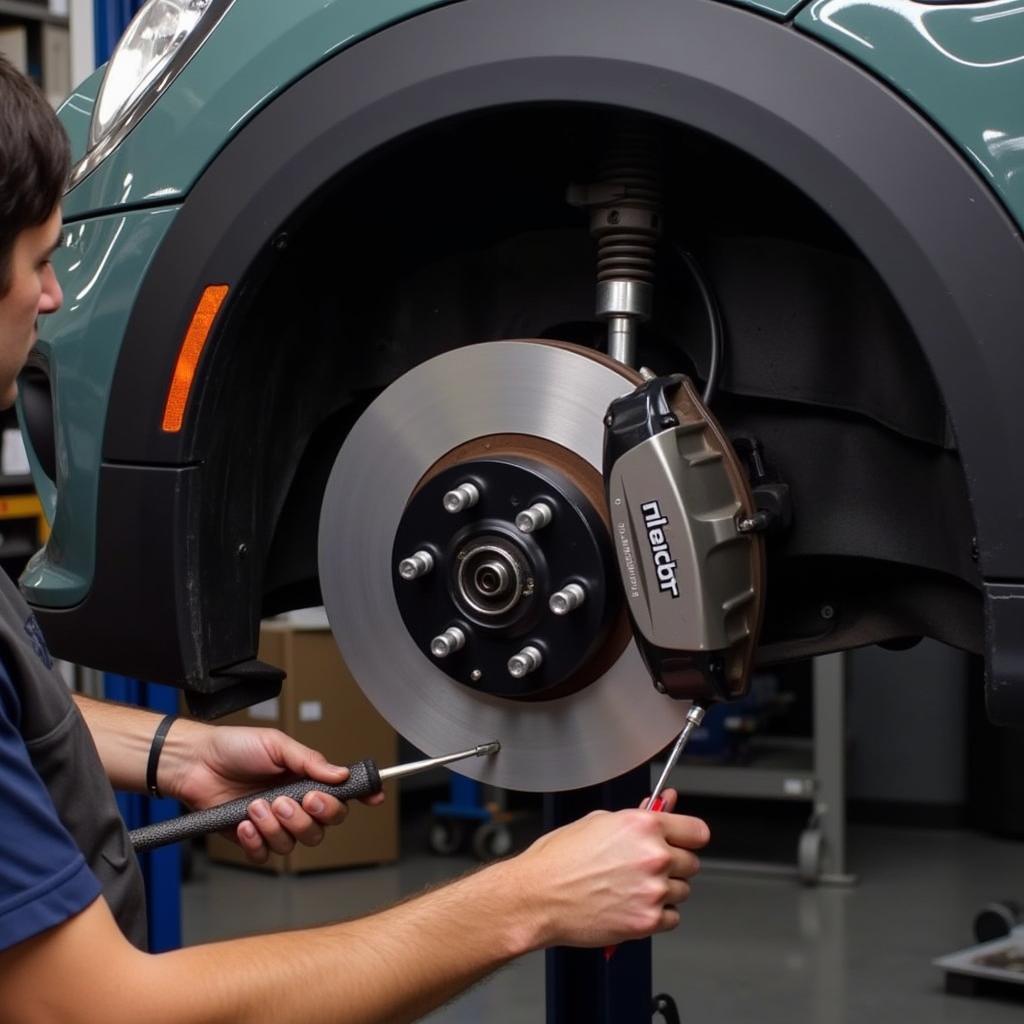 Mechanic Working on Mini Cooper Brakes