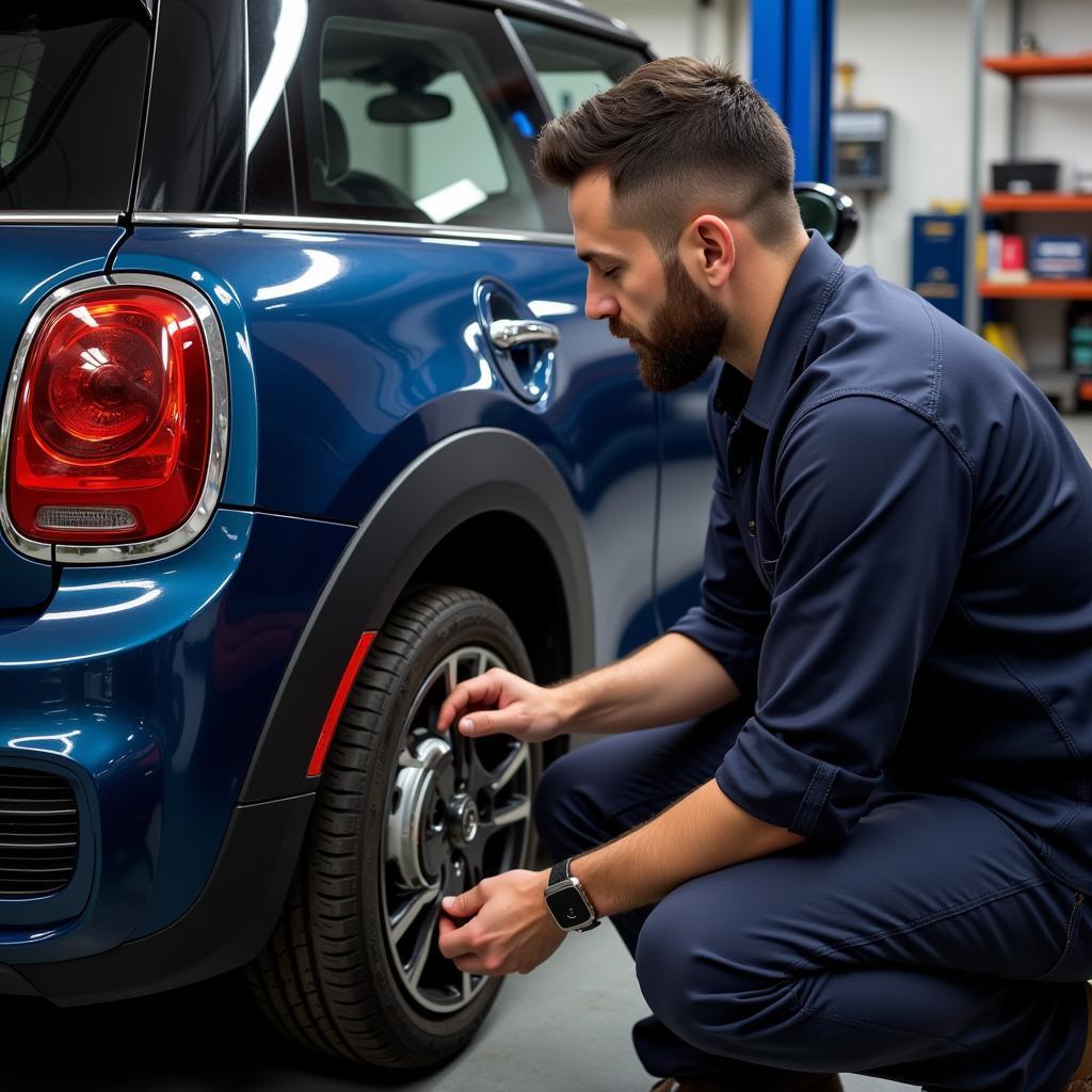 Mechanic Replacing Mini Cooper Brake Pads