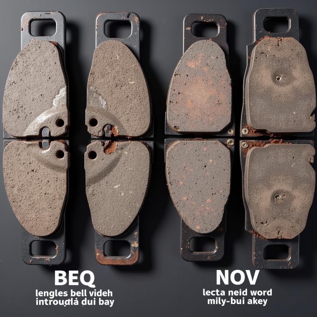 Worn brake pads next to new brake pads