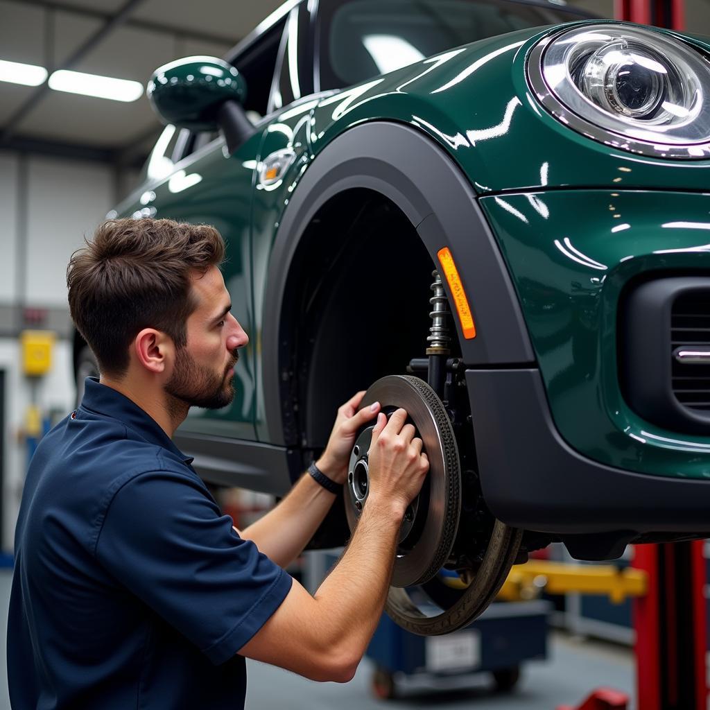 Mechanic Inspecting Mini Cooper Brakes on a Lift