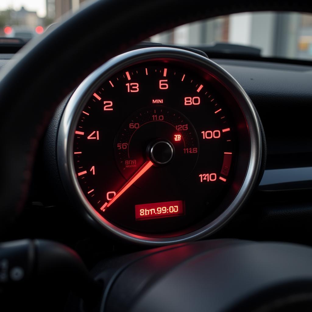 Mini Cooper dashboard with brake warning light illuminated