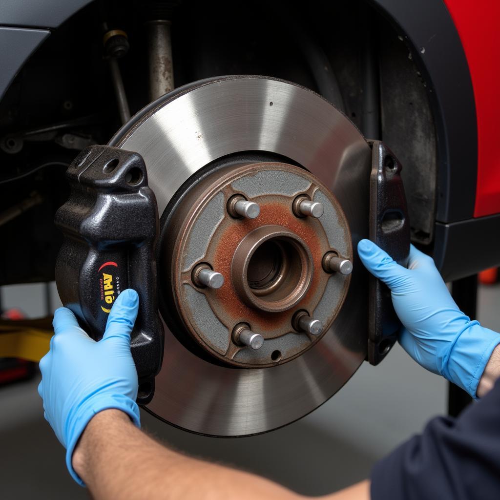 Mechanic inspecting MINI R56 brake pads