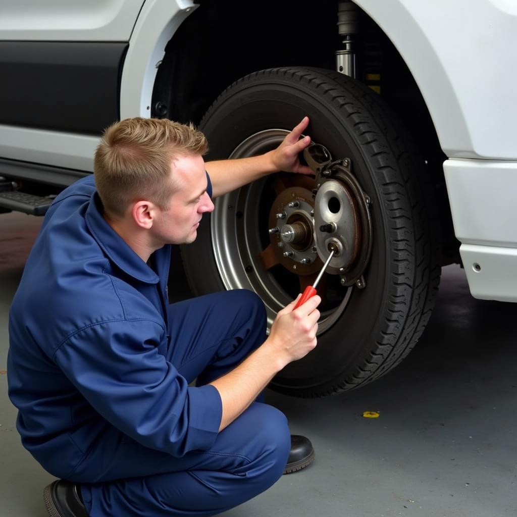 Mechanic Inspecting MK7 Transit Brake System