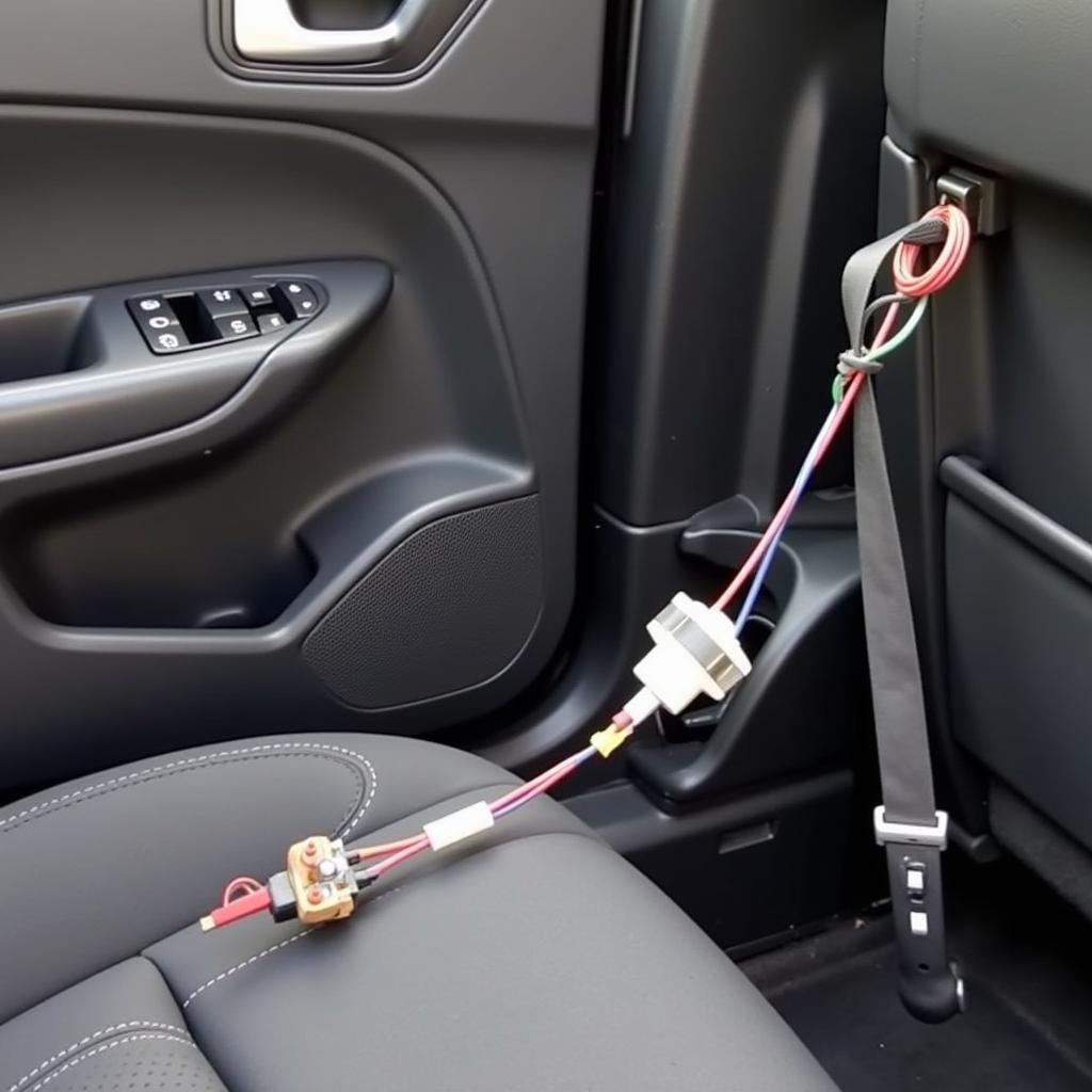 The wiring harness connected to the seat belt buckle in a Ford Mondeo MK3