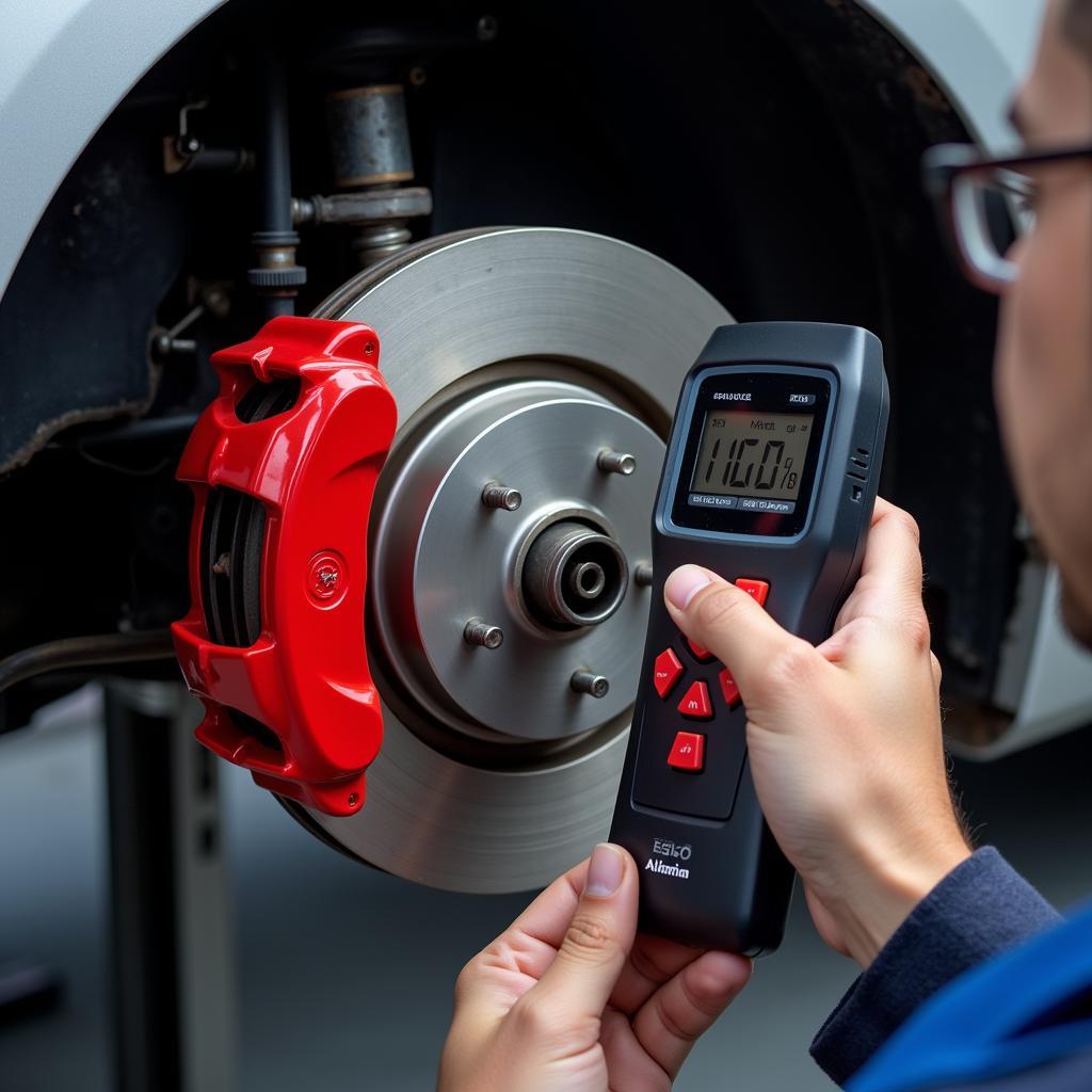 Mechanic inspecting the brake system of a Nissan Altima