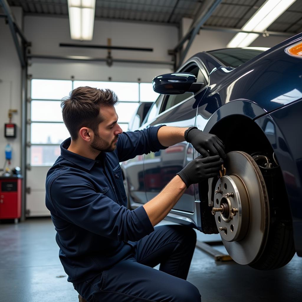 Mechanic repairing the brake system on a Nissan Altima in a professional garage