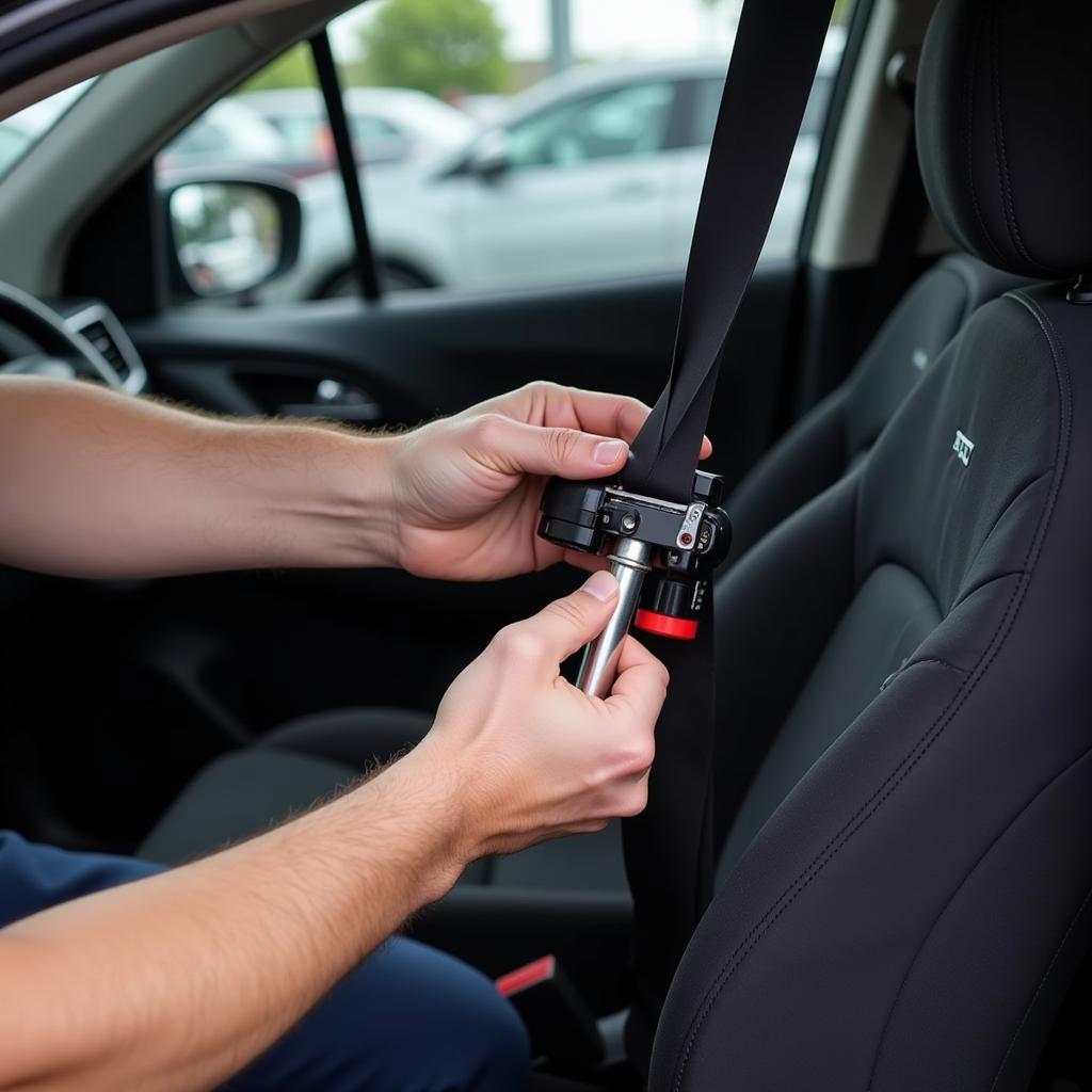 Mechanic Inspecting Seat Belt Buckle in a Nissan Rogue