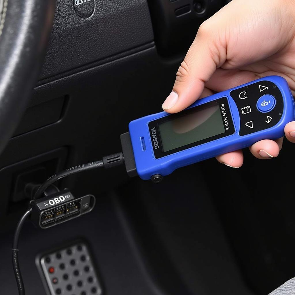 An OBD scanner plugged into a Polo's OBD port