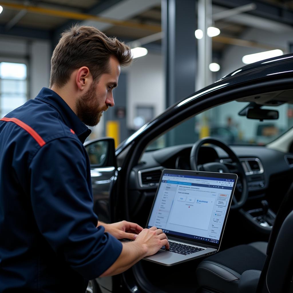 A mechanic performing remote diagnostics on a Peugeot 3008 using a laptop.