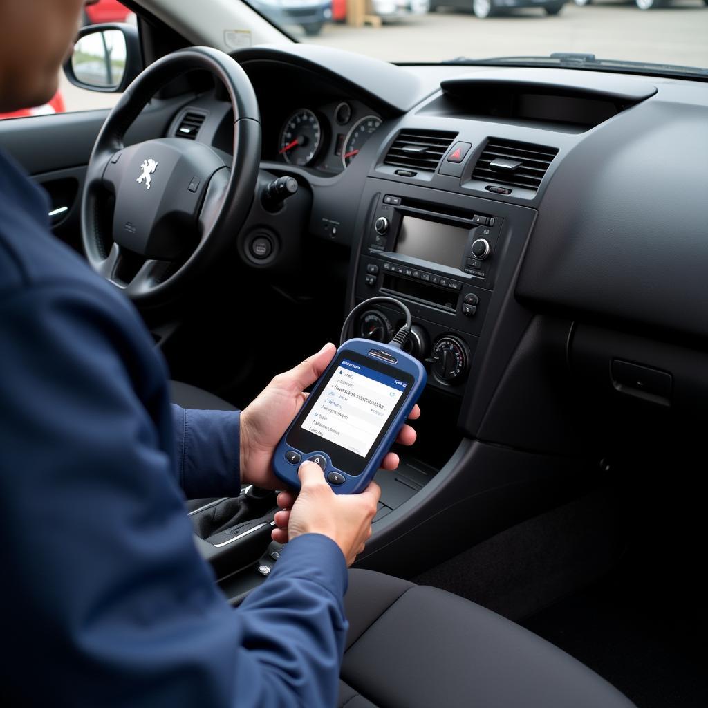 Mechanic using a diagnostic tool on a Peugeot 407