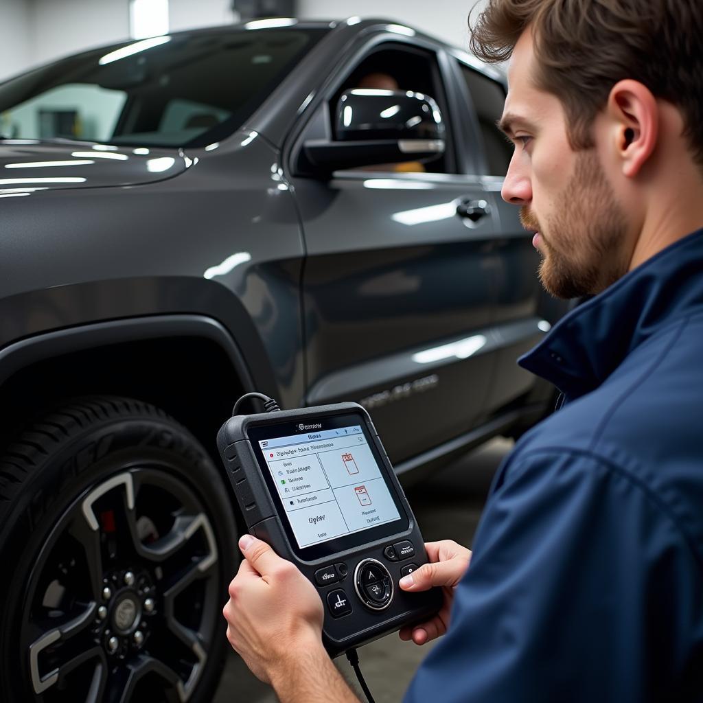 Mechanic Diagnosing Brake Issue Using Diagnostic Tool