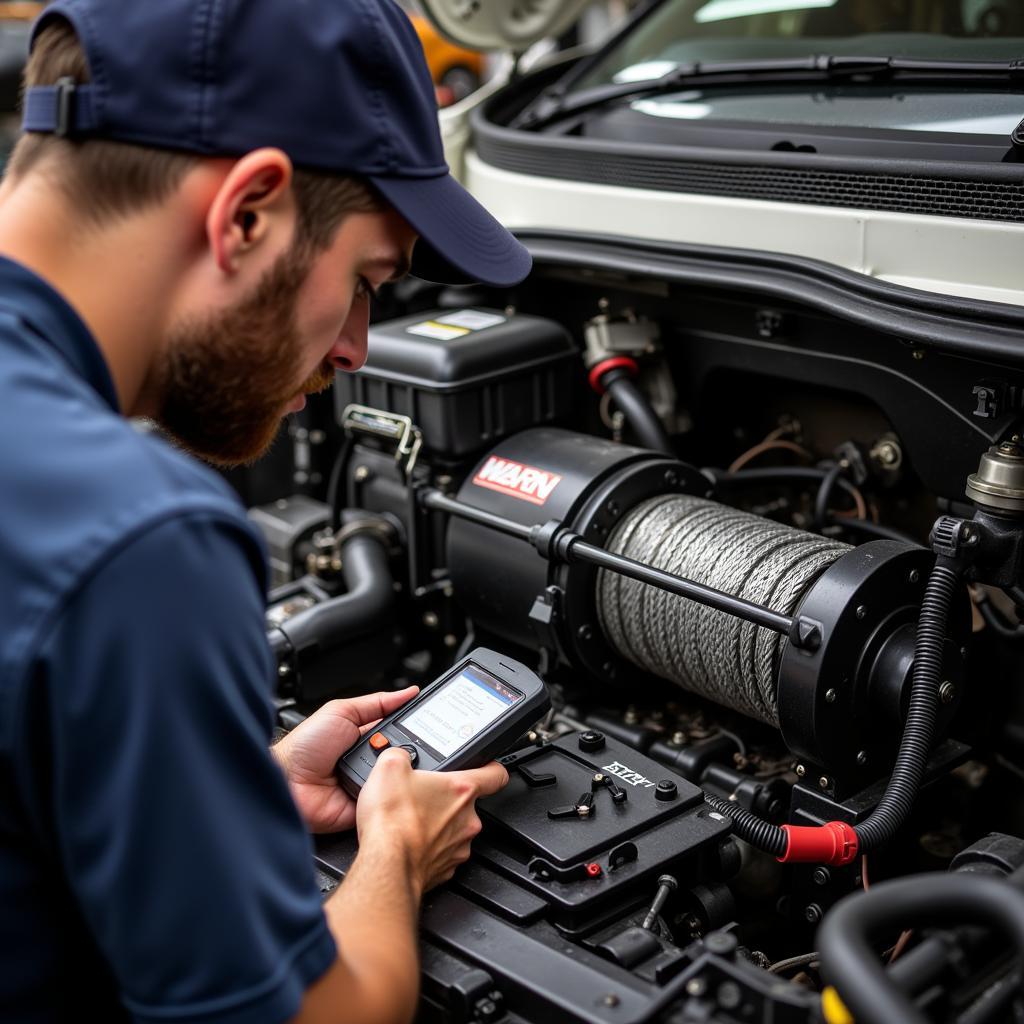  Professional Mechanic Diagnosing a Winch Issue Using Specialized Tools