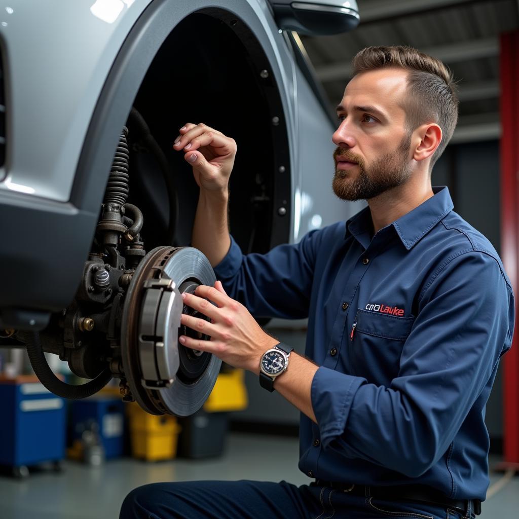 Mechanic Inspecting Car Brakes