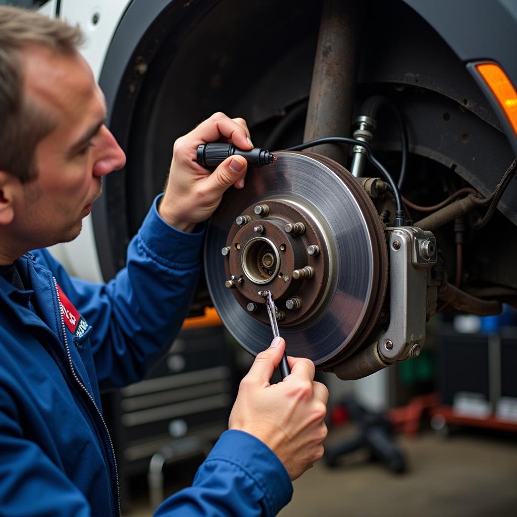 A professional mechanic inspecting the braking system of a Mini R56.