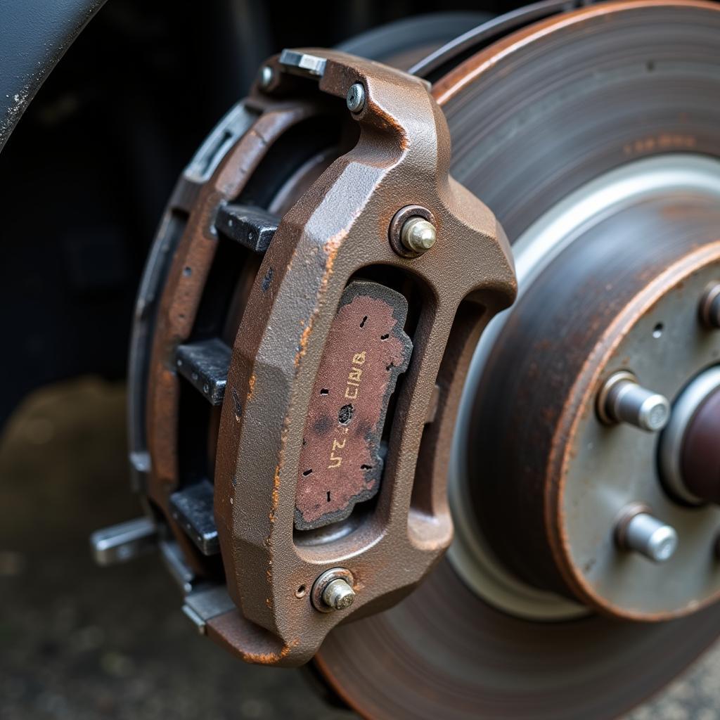 Worn brake pads on a Range Rover