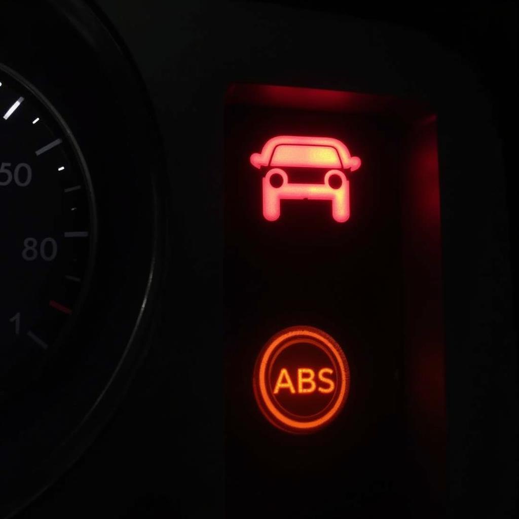 Red and Amber Brake Lights Illuminated on a Car Dashboard