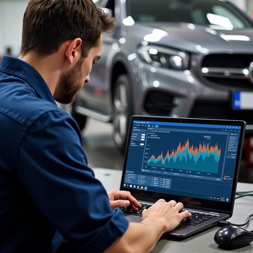 Mechanic using a laptop for remote car diagnostics