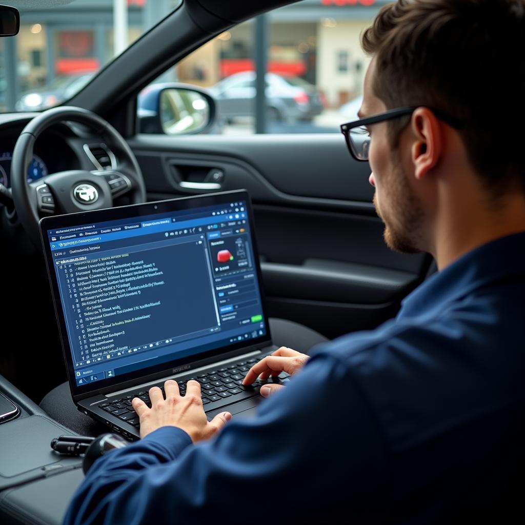 Technician Performing Remote Car Diagnostics 