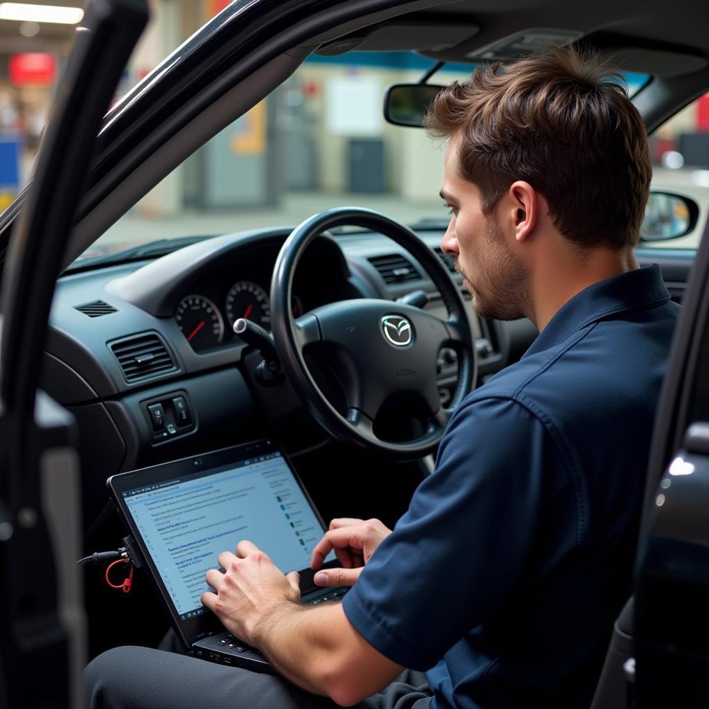 Mechanic Performing Remote Diagnostics on a 1999 Mazda Protege