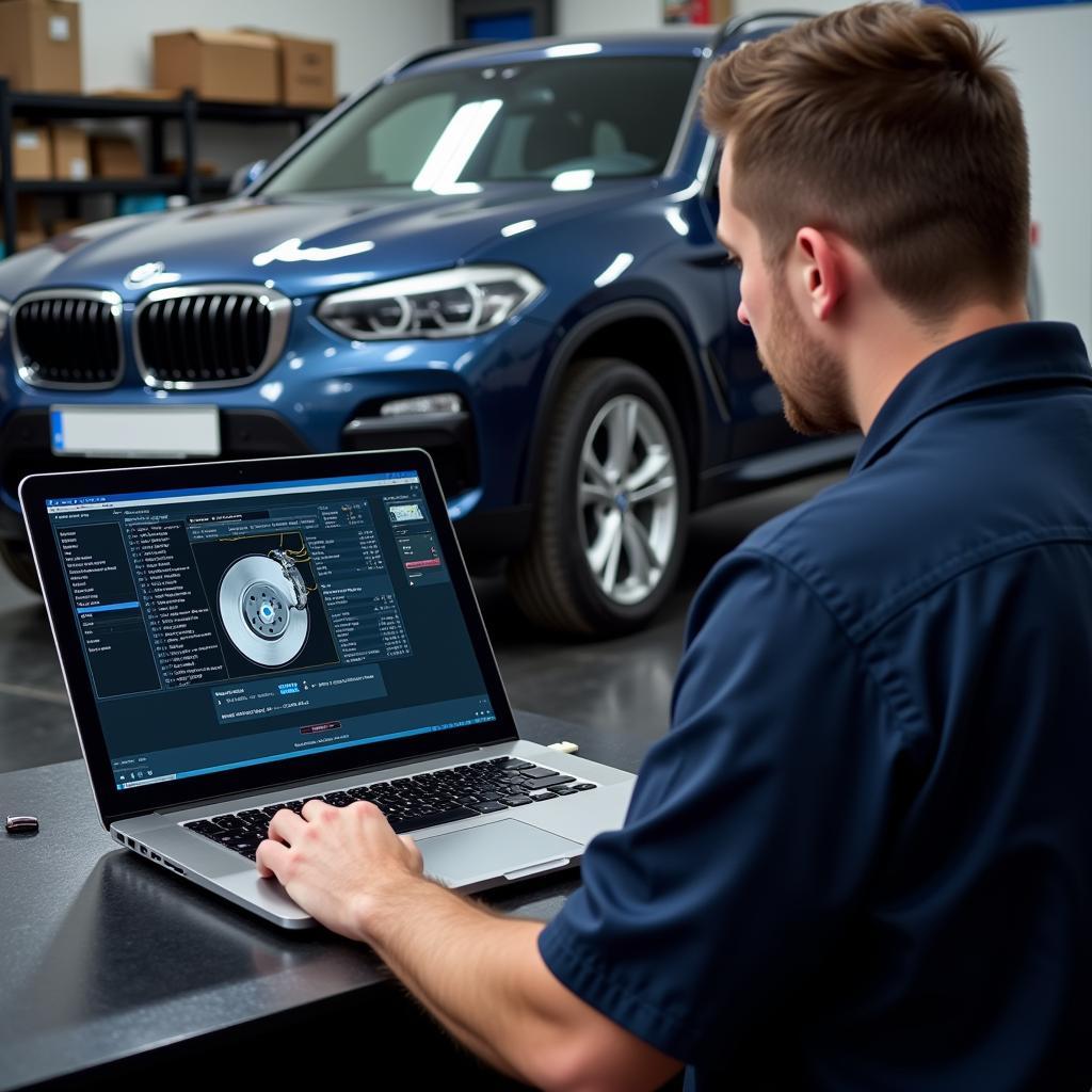 Mechanic Performing Remote Diagnostics on BMW Brakes