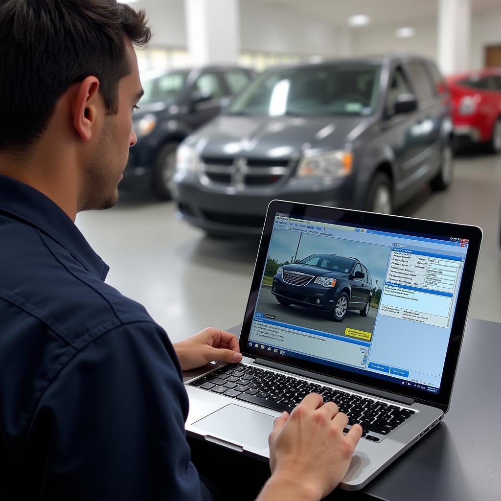 Technician performing remote diagnostics on a Chrysler vehicle using a laptop