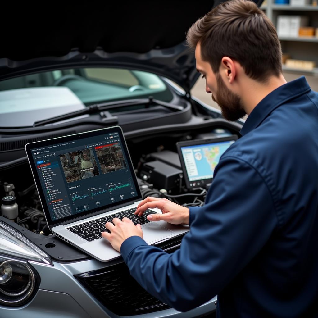 Mechanic Performing Remote Diagnostics on a Prius