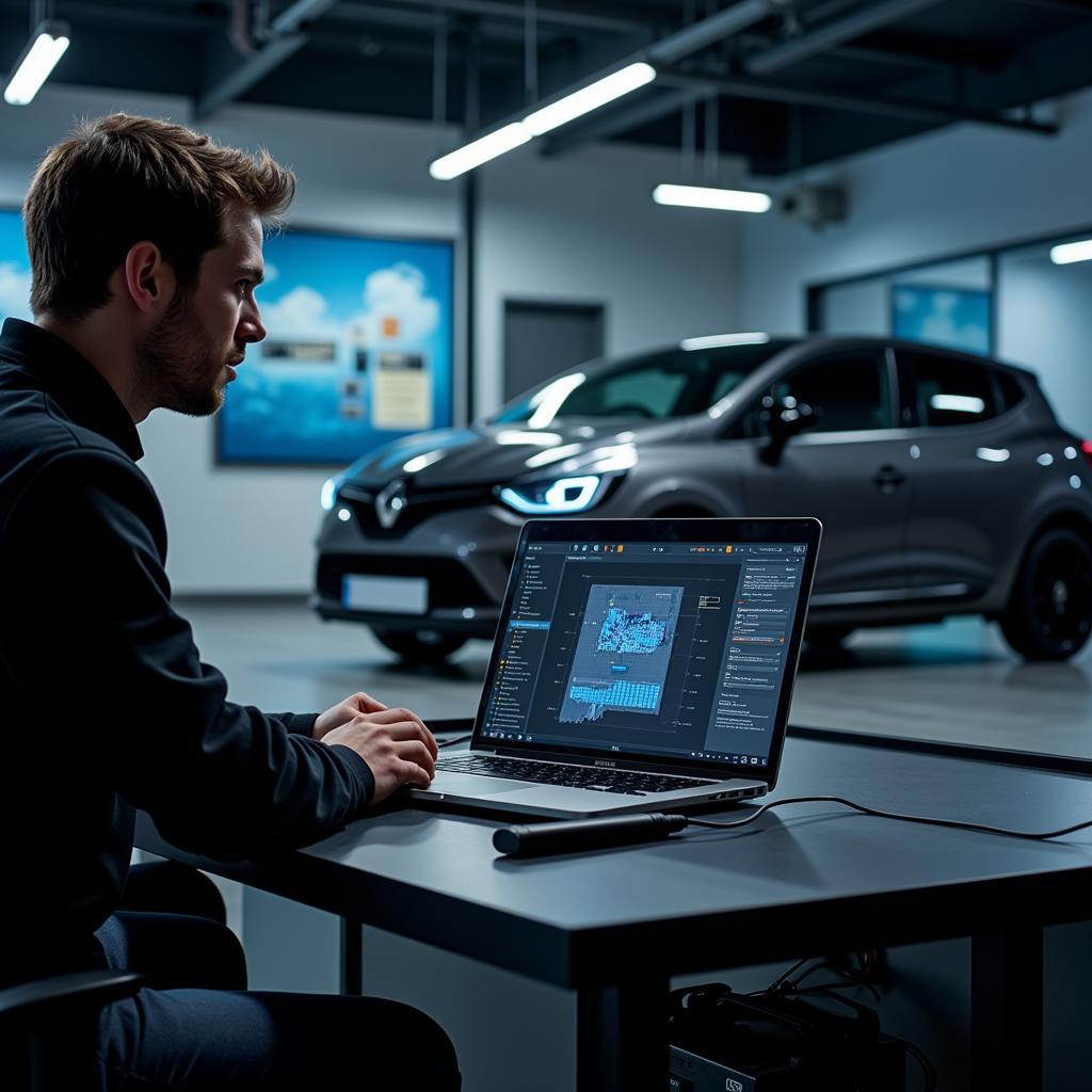 Technician Performing Remote Diagnostics on a Renault Clio