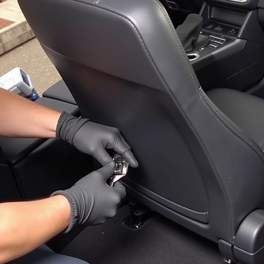 Mechanic Replacing Seat Belt Buckle in a VW Eos