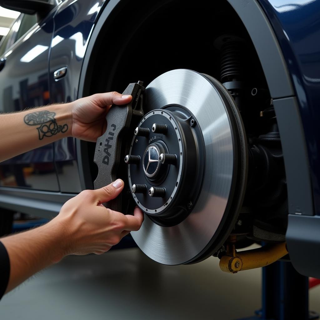 Routine brake inspection being performed on a Mercedes-Benz