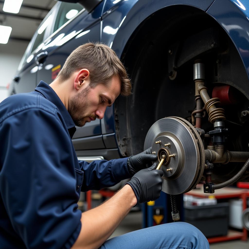 Mechanic Inspecting the Brake System of a Seat Alhambra