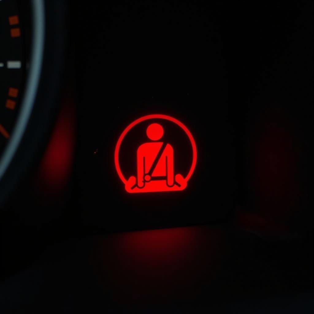 Seat belt warning light illuminated on car dashboard