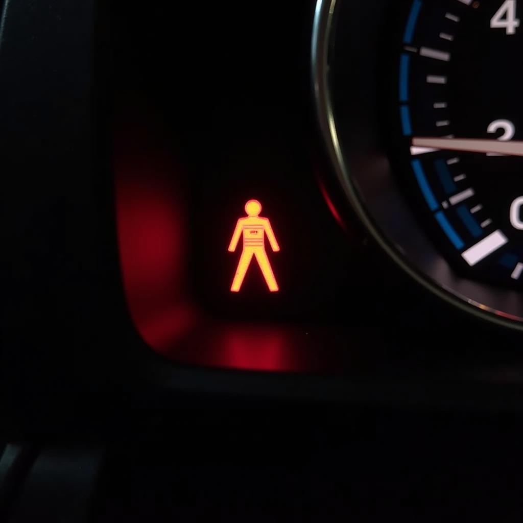 Car dashboard with illuminated seat belt warning light