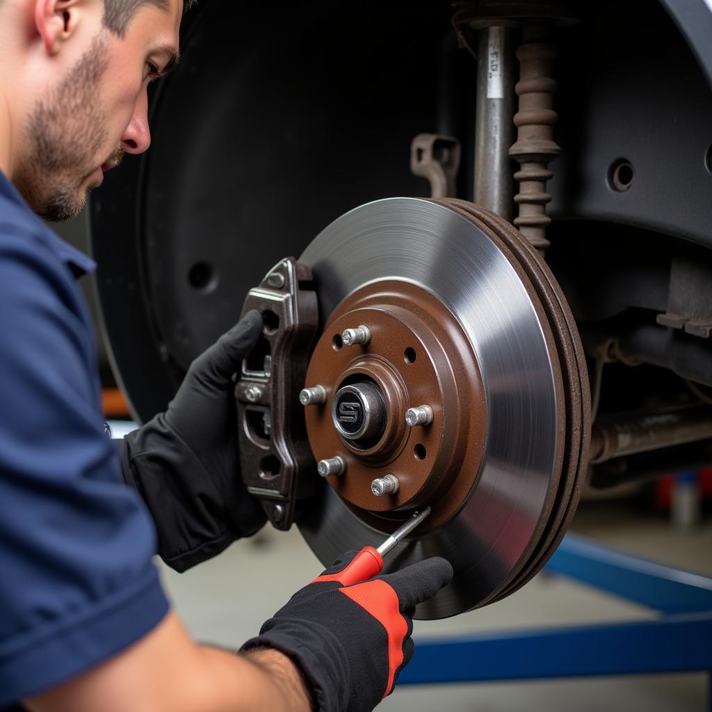 Close-up of a Mechanic Inspecting the Brake System on a Seat Exeo