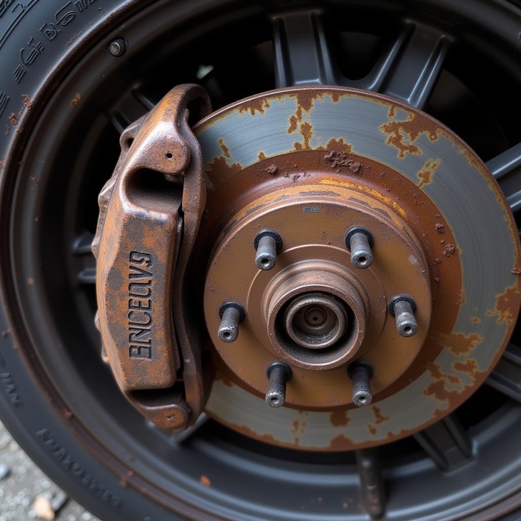 A stuck brake caliper on a car wheel