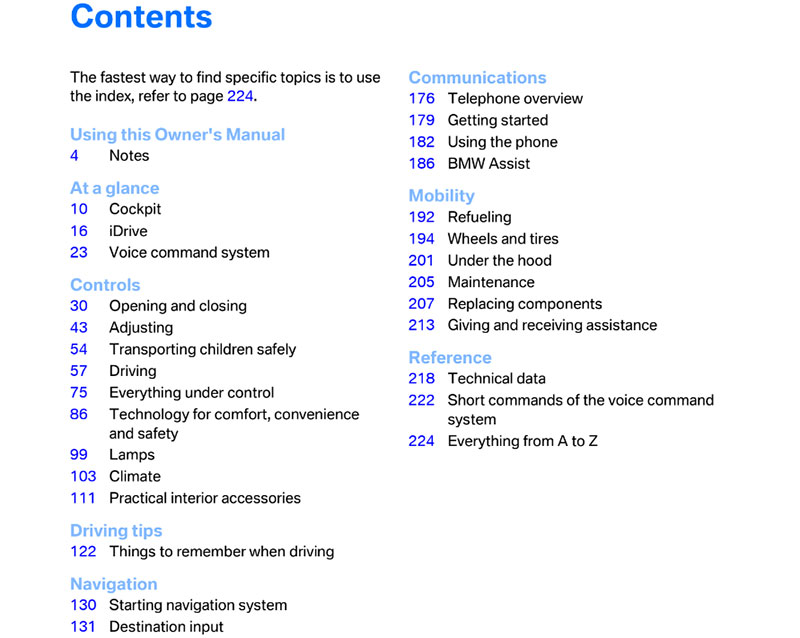 Table of content of  2006 BMW 750Li Owner’s Manual PDF