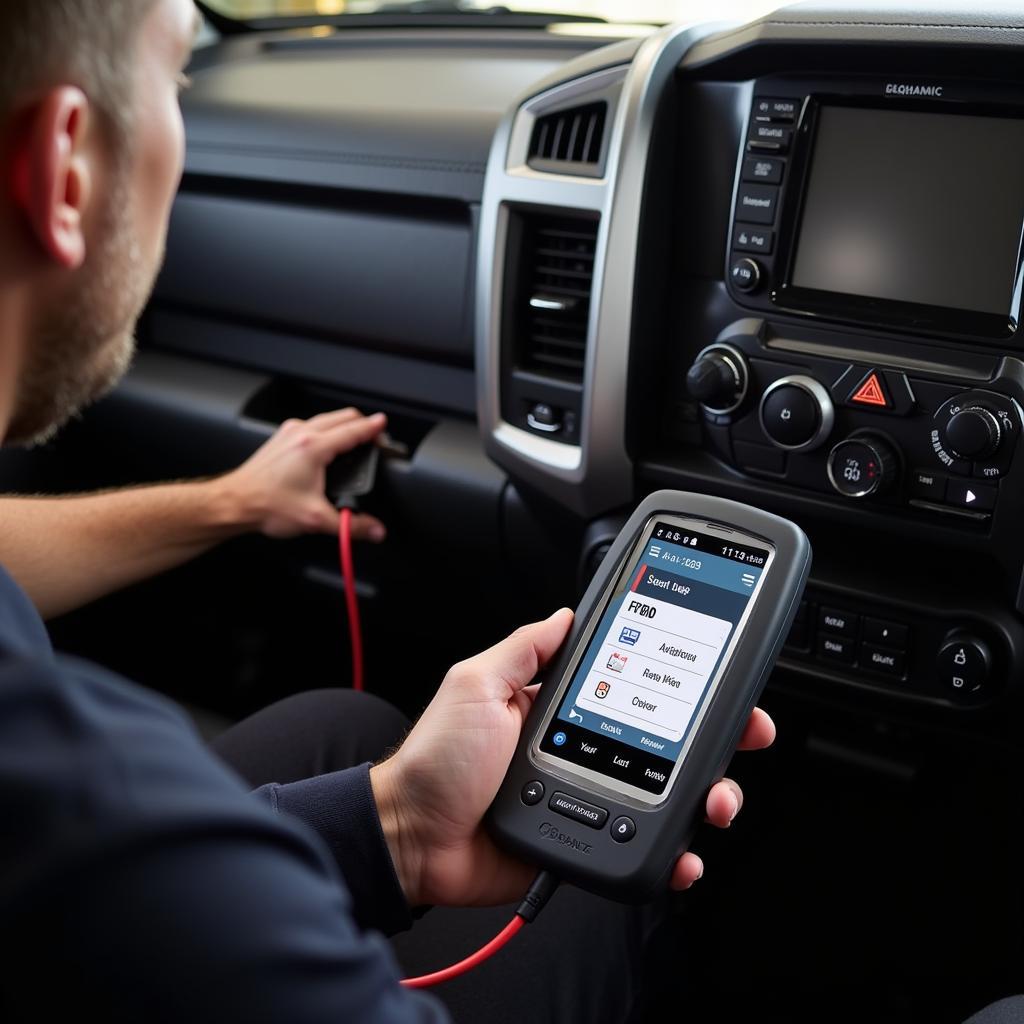 Technician Diagnosing 2019 Ram 1500 FCW System: A photo depicting a technician using a diagnostic tool connected to a 2019 Ram 1500 to troubleshoot a forward collision warning system issue.