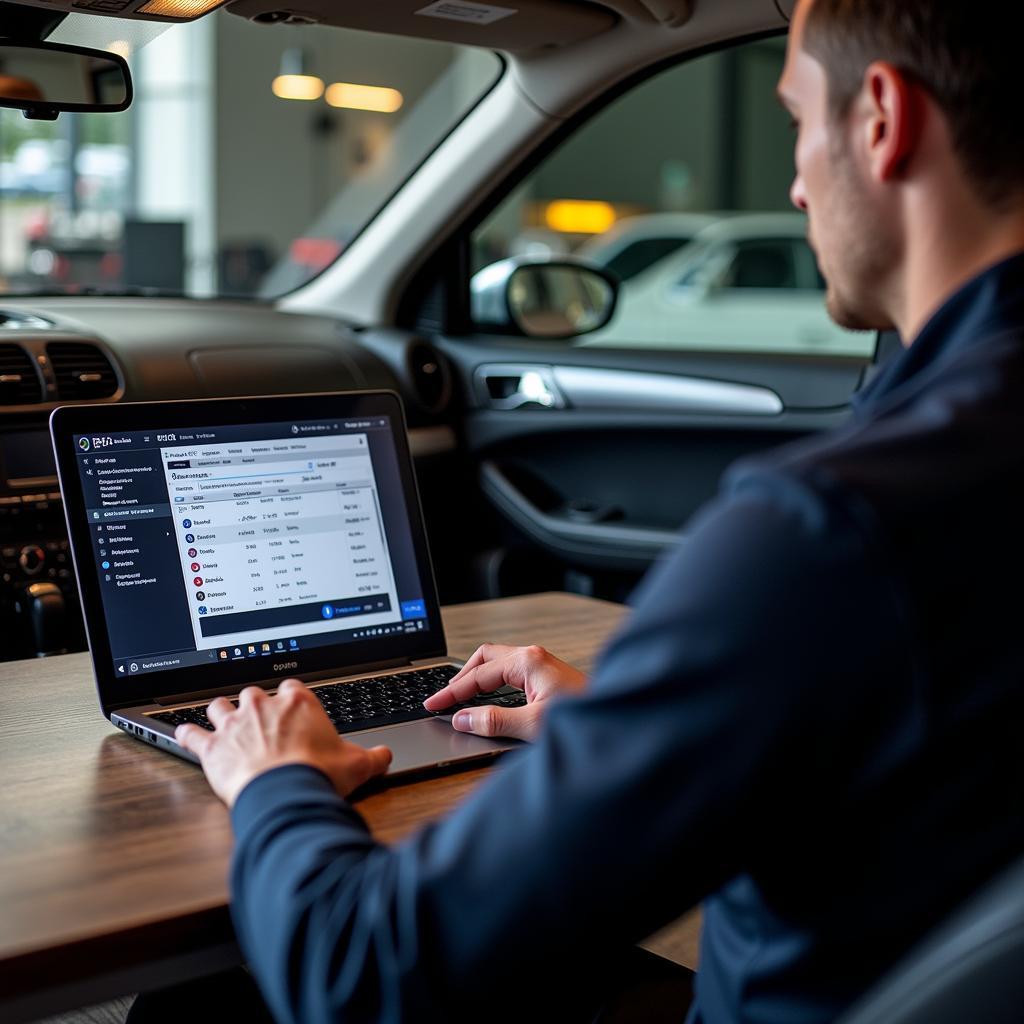 Technician performing remote diagnostics on a 2004 Porsche Cayenne