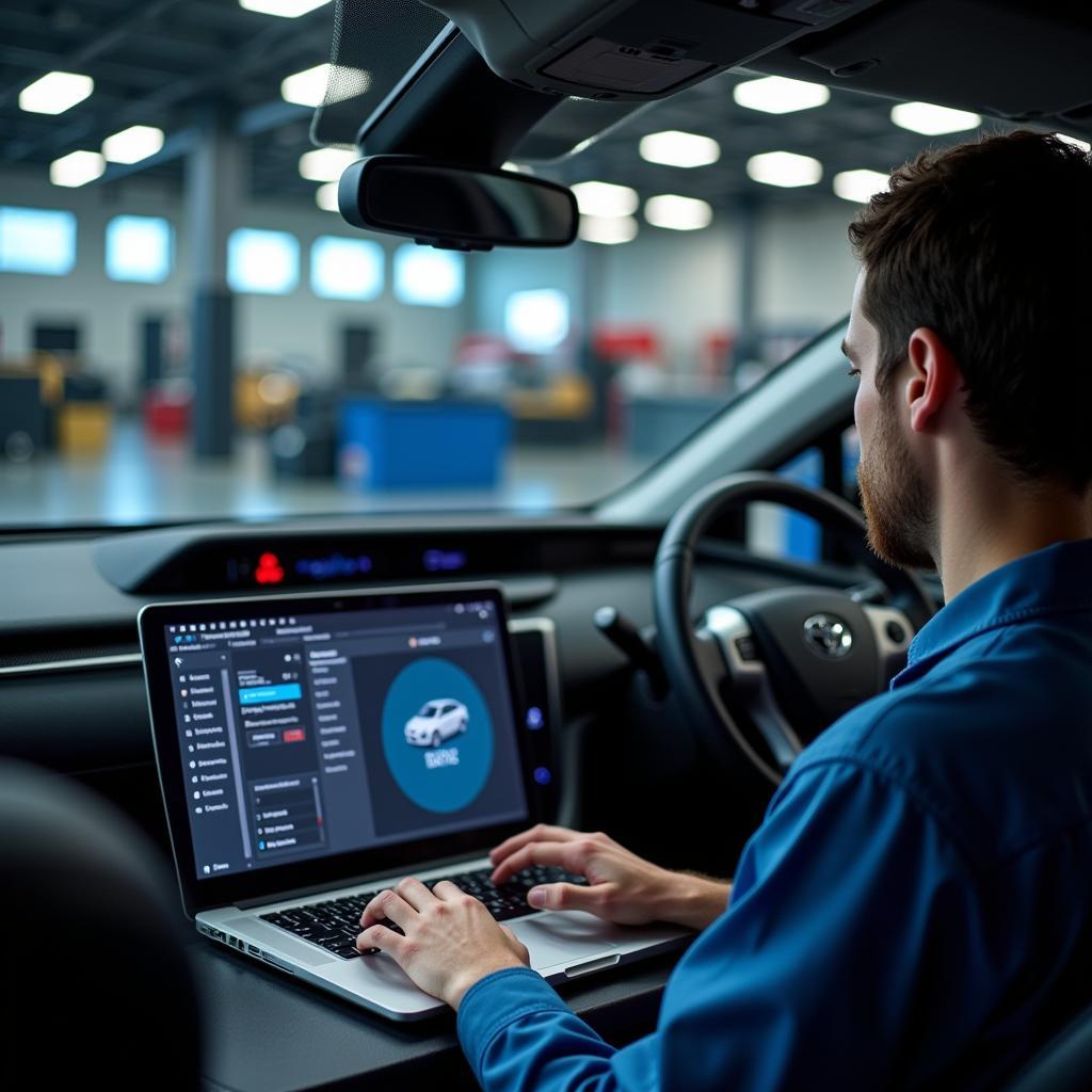 Technician Performing Remote Diagnostics on a Prius