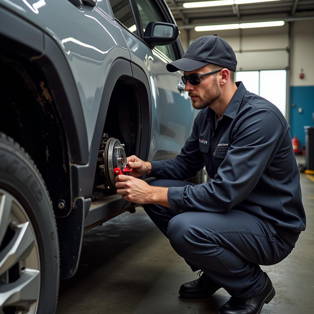 Mechanic Inspecting Toyota RAV4 Brakes