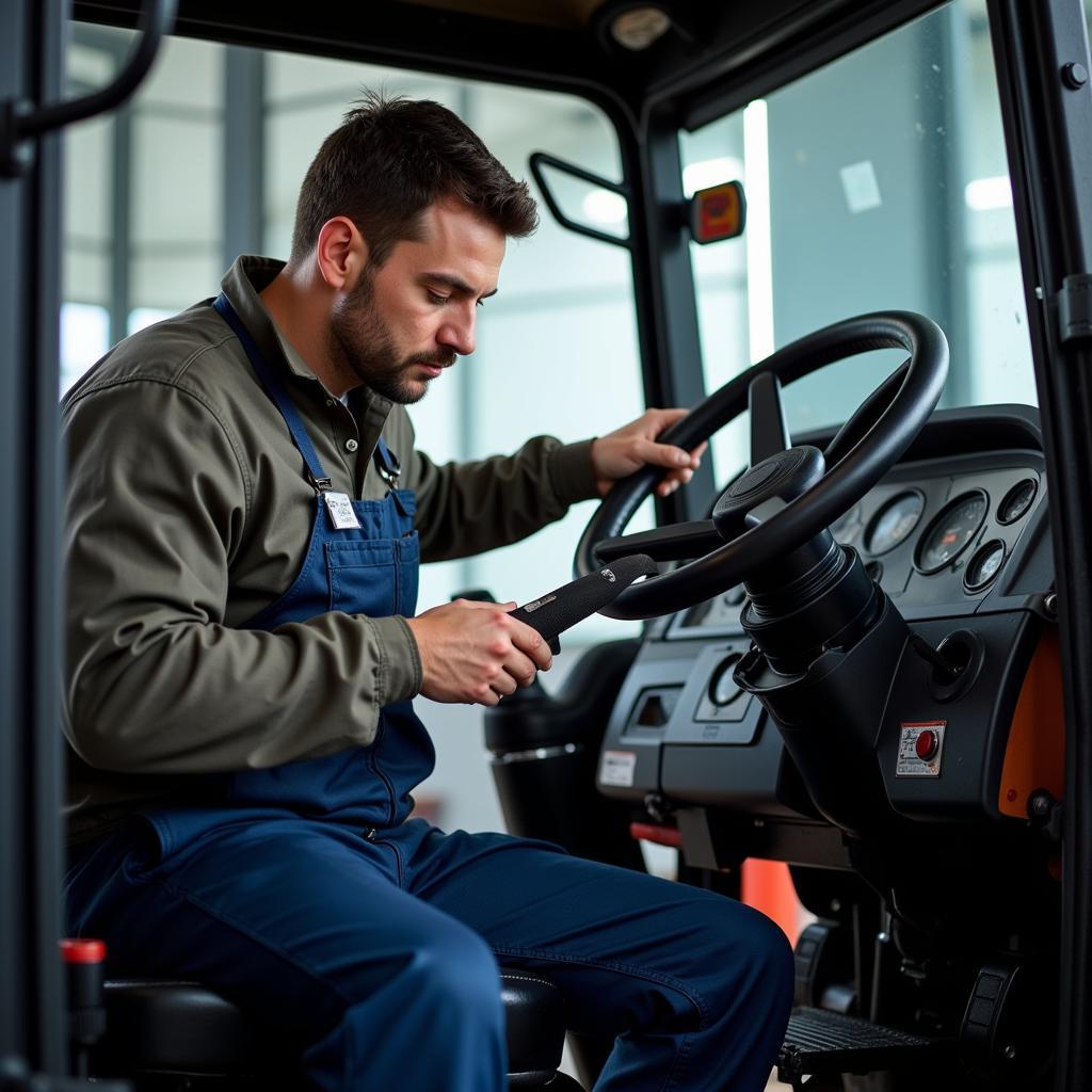 Tractor Technician Inspecting Seat Belt