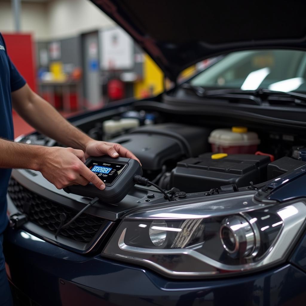 A mechanic connecting a diagnostic scanner to a Vauxhall Astra