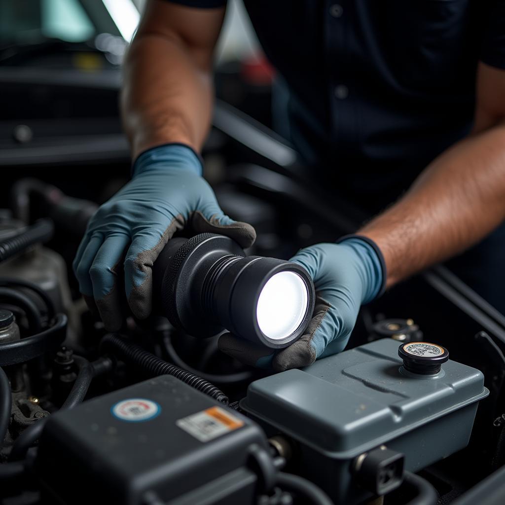 Mechanic inspecting a Vauxhall Corsa brake fluid reservoir