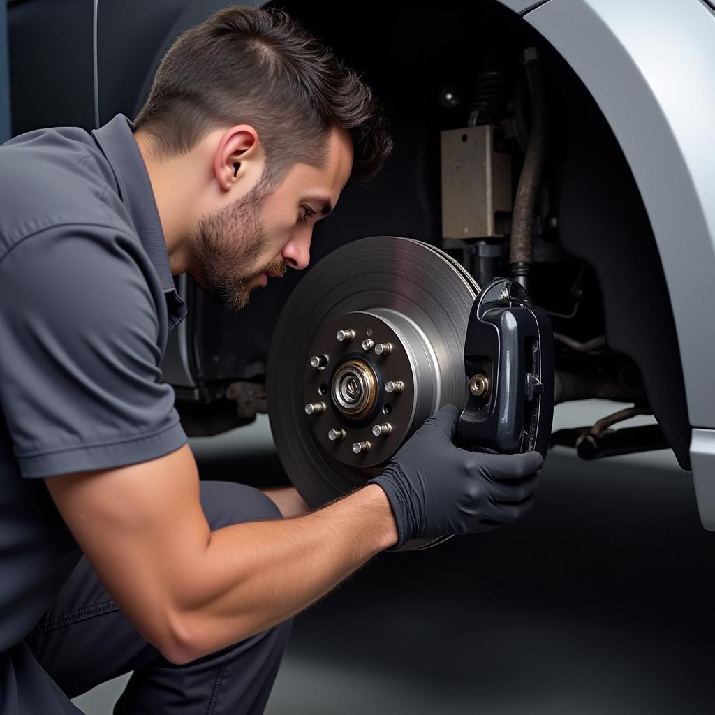 Mechanic Replacing Brake Pads on a VW Golf