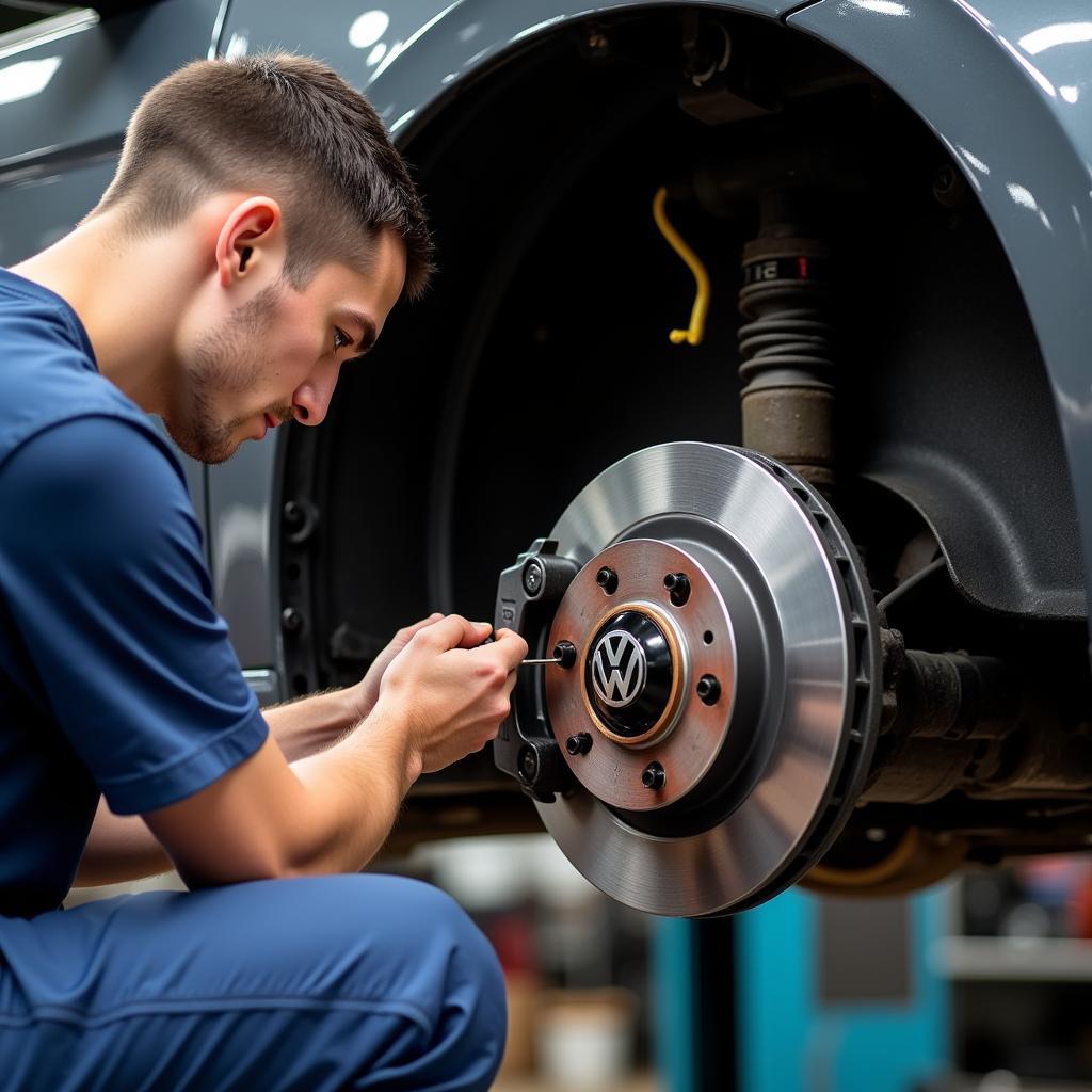 Mechanic Inspecting the Brake System of a VW Golf