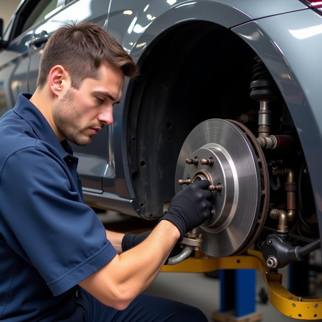 Mechanic Inspecting VW Golf TDI Brakes