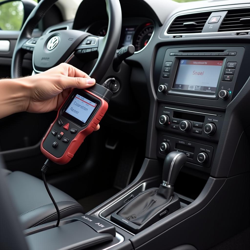 Mechanic connecting a diagnostic tool to a VW Passat