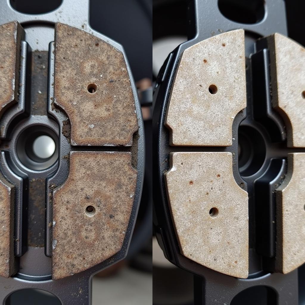 Worn Brake Pads Next to New Brake Pads