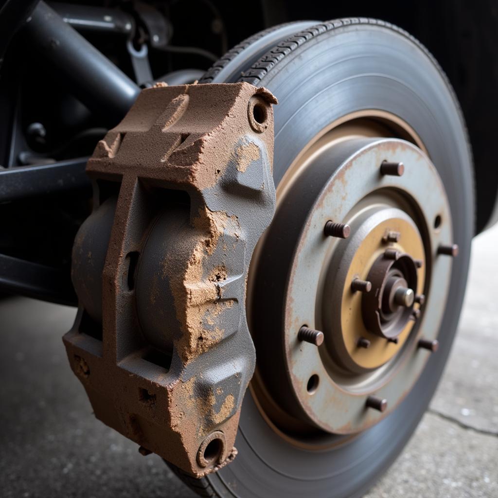 Worn brake pads on a car