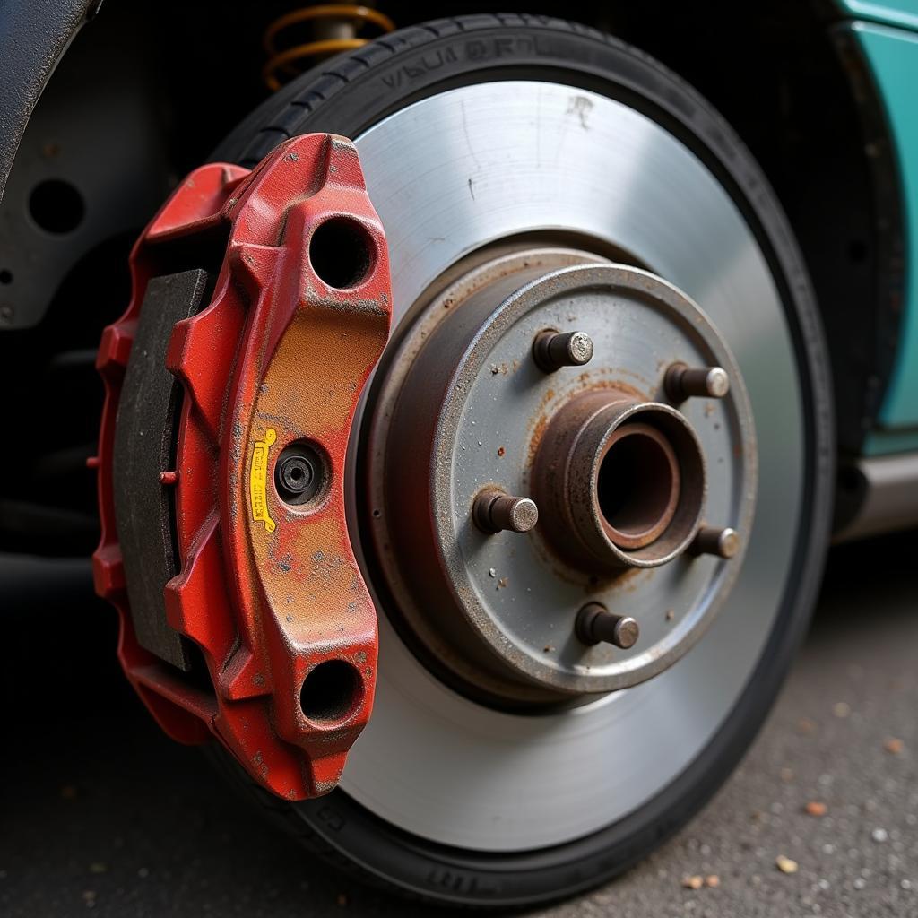 Worn brake pads with wear indicator